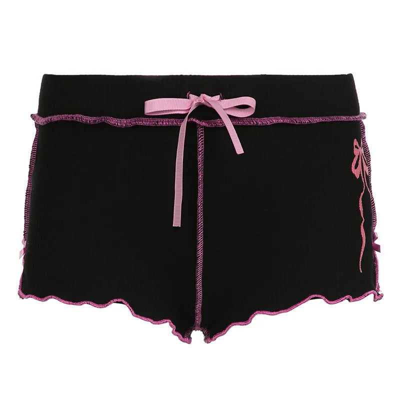 Sweet Korean Stitched Low Waisted Summer Shorts for Coquett Clothes Bow Ruched Skinny Hotpants Kawaii Homewear