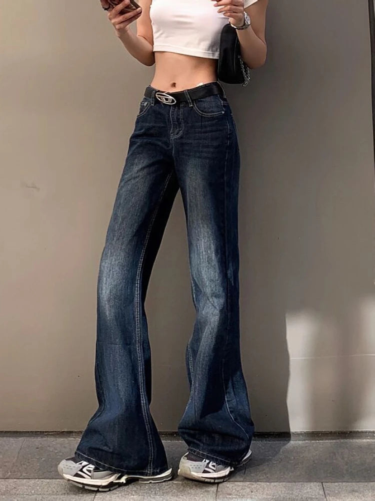Classical Gyaru Japanese Jeans Harajuku Y2k Low Rise Flare Denim Pants 2000s Bellbottom Trousers Kpop