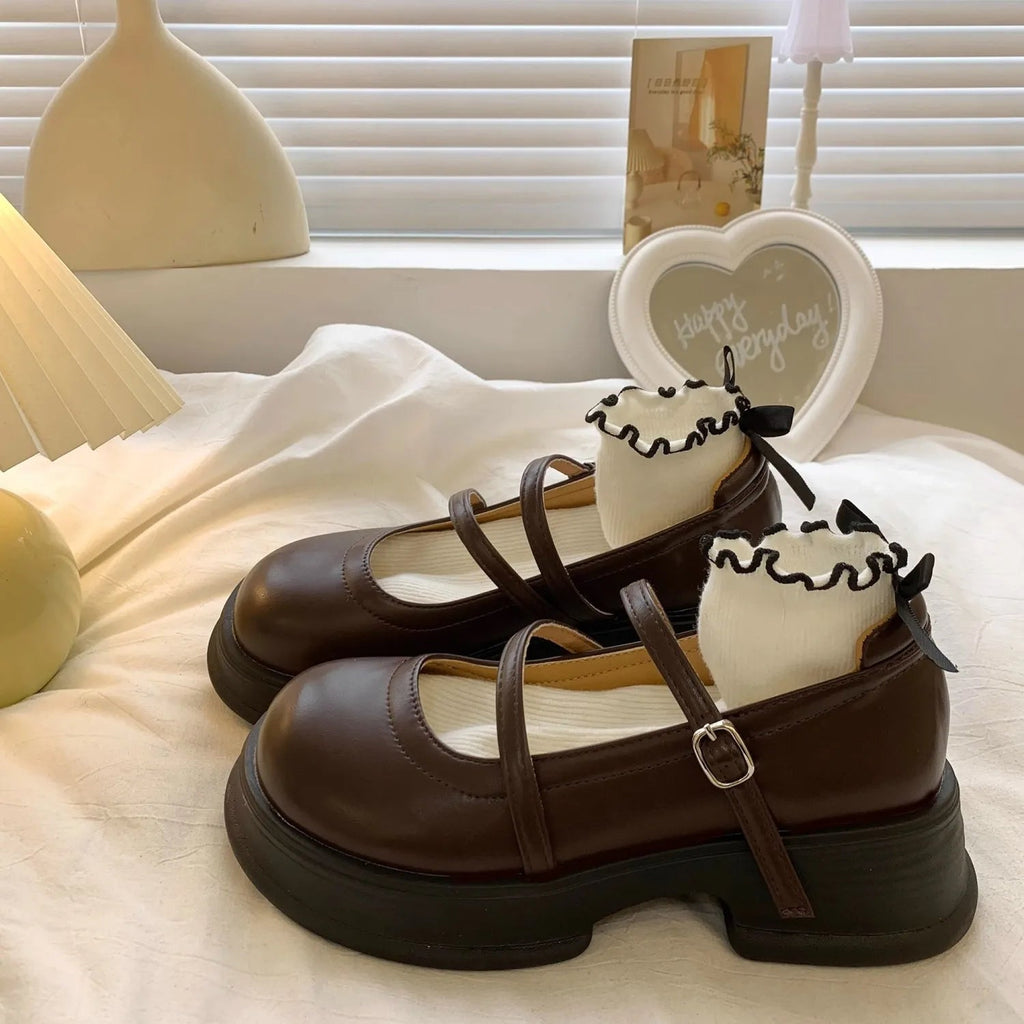 Leather Mary Jane Shoes Japanese Style Lolita Round Toe High on Platform Female Footwear Black Gothic Vulcanized for a H