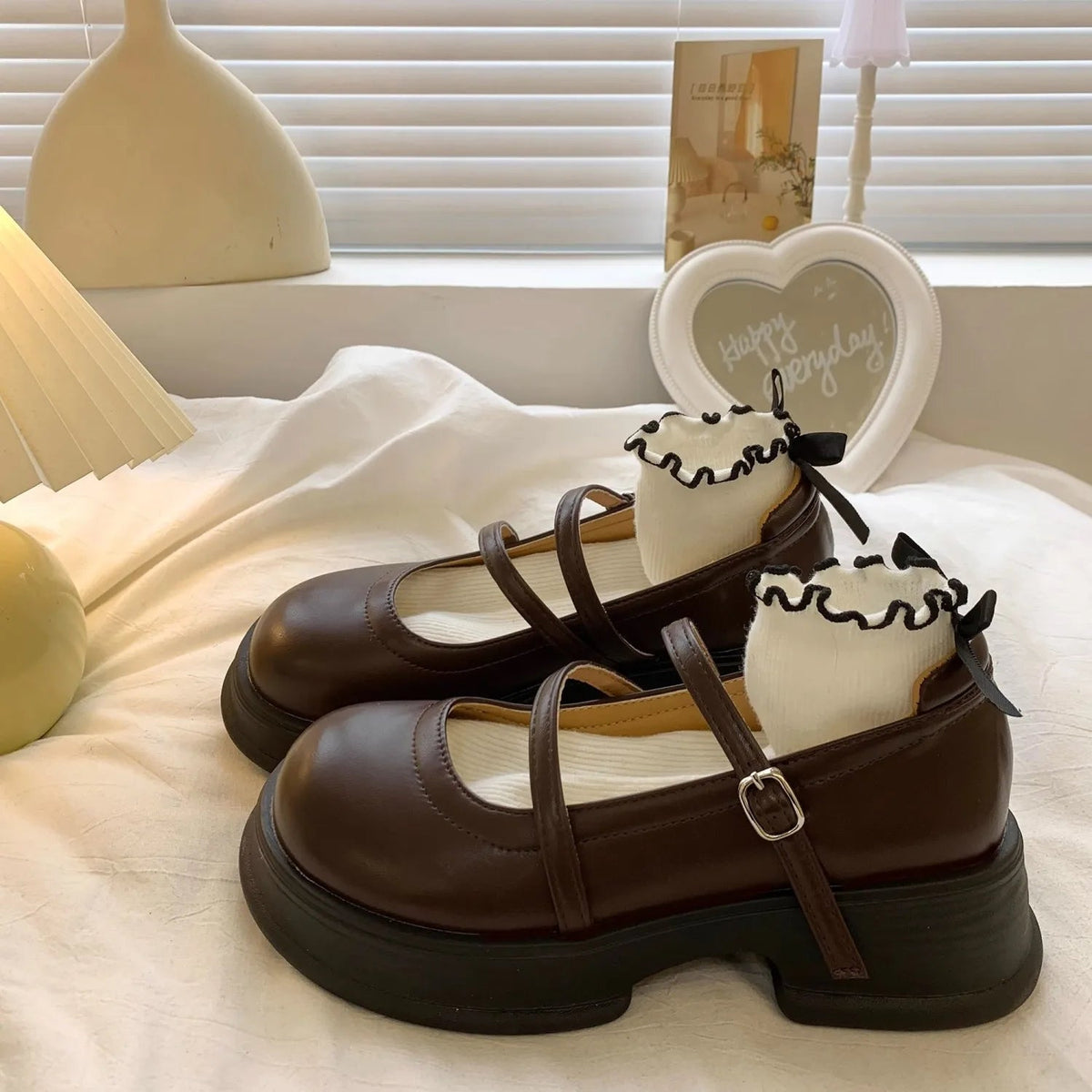 Leather Mary Jane Shoes Japanese Style Lolita Round Toe High on Platform Female Footwear Black Gothic Vulcanized for a H