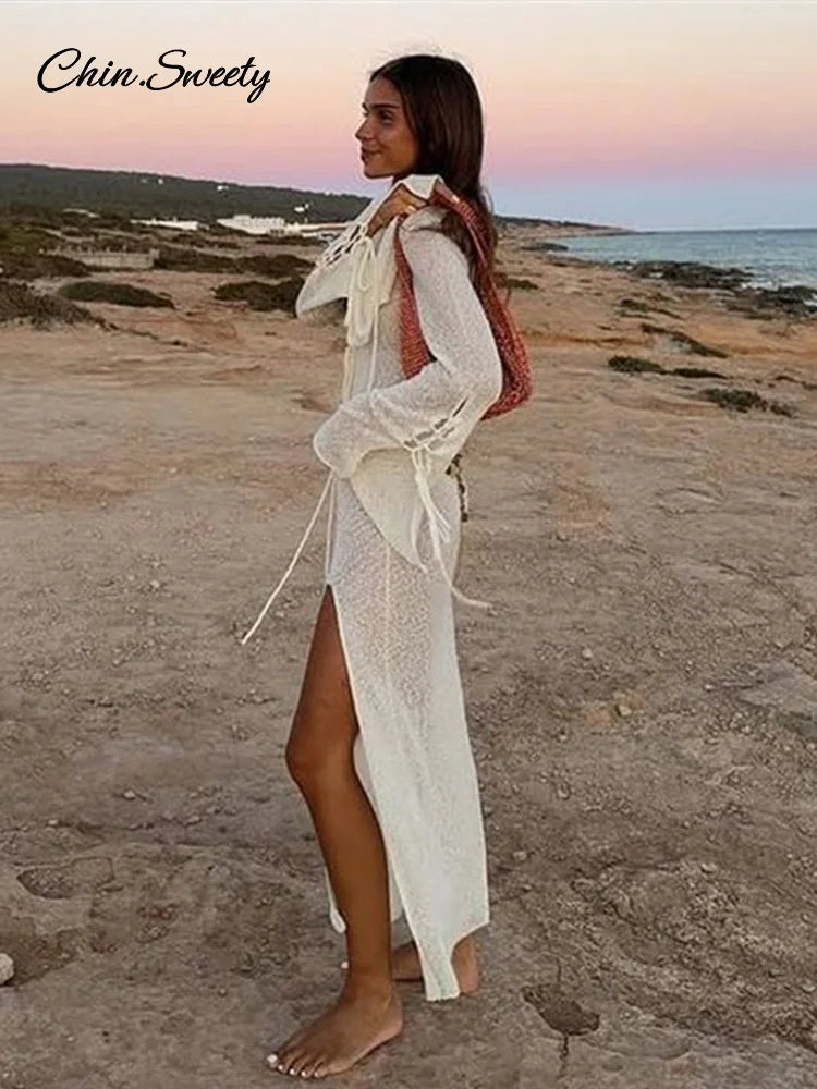 Beach V-neck Long Dress White Knitted Lace Up See Through High Slit Maxi Dresses Summer Lady Holiday Vacation Robes