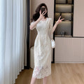 Summer White Lace Hook Flower Hollow Midi Dress Party Evening Dress Korean Festival Dress
