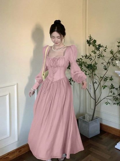 French Lantern Sleeve Lace Up Midi Dress Spring and Summer Square Neck Evening Party Prom Robe Dress