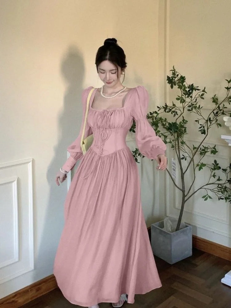 French Lantern Sleeve Lace Up Midi Dress Spring and Summer Square Neck Evening Party Prom Robe Dress