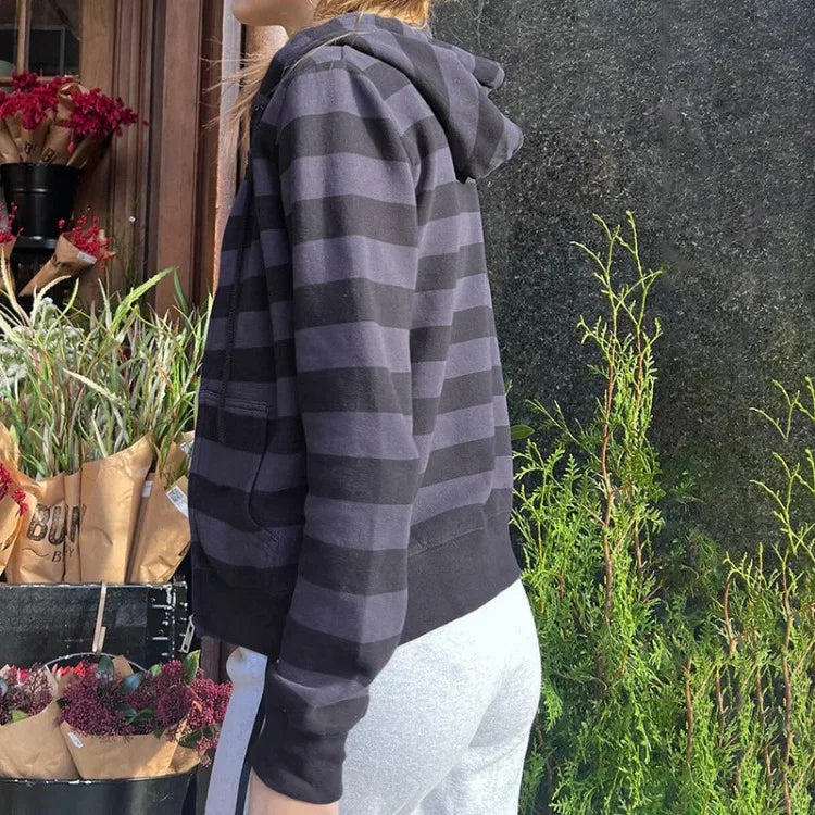 American High Street Striped Hoodie Jackets Spring Autum New Cardigan Coat Y2k Long Sleeve Zipper Tops Mujer