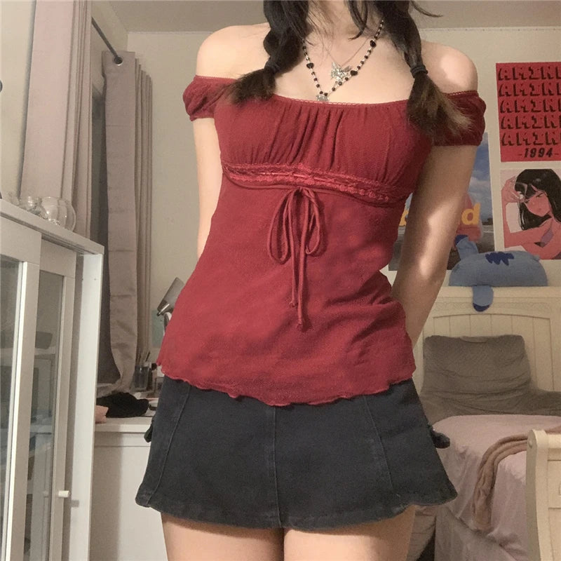 2000s Aesthetic Sweet Lace Tops Off Shoulder Drawstring T-shirt Korean Female Tee Fairy Grunge