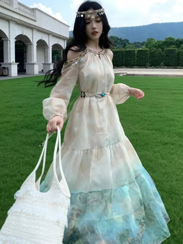 Autumn Printed Midi Dress for Off Shoulder Halter Long Sleeve Loose Aline Dresses Female Vestidos Mujer