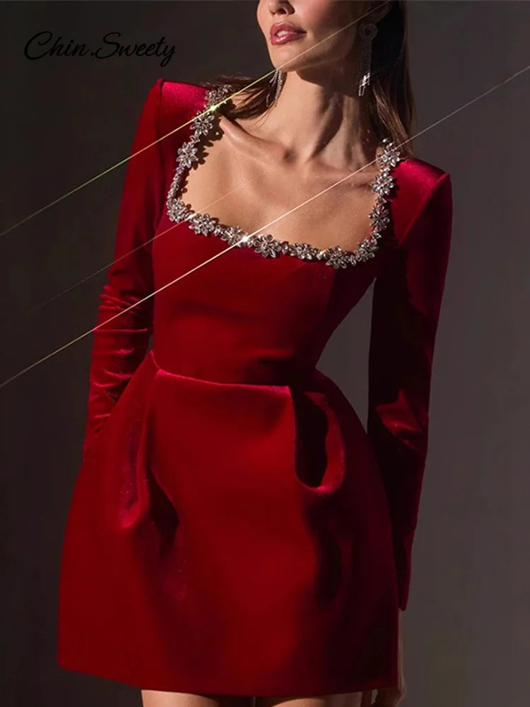 Rhinestone Decor Velvet Mini Dress Black Square Neck Long Sleeve High Waist A-line Dresses Lady Evening Party Gown