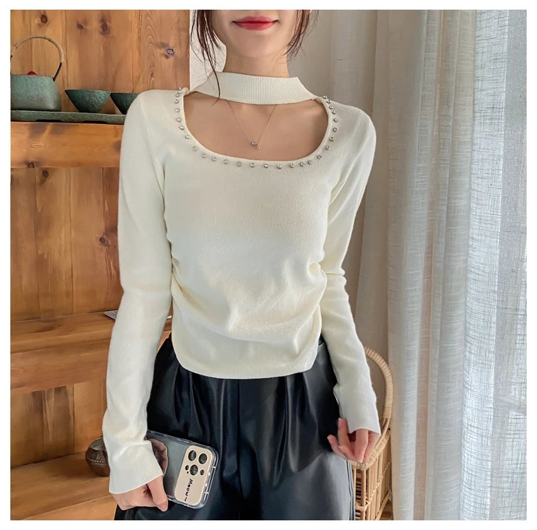 No Maillard Rule Neck Cutout Knitted Bottoms Autumn Design Sense of Pure Spice ' Slim Fit Short Suit Sweater