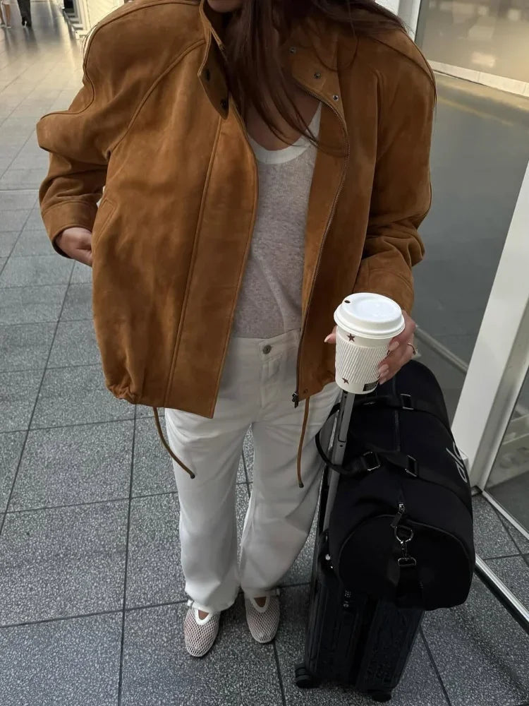 Long Sleeve Stand Collar Female Coats Suede Zipper Jacket for Autumn New Lady Pockets Outerwear Street