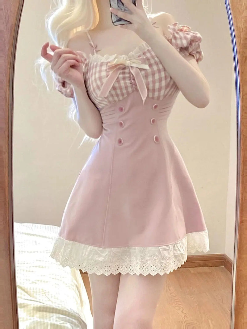 Princess Dress Pink Plaid Bow Onepiece Collar Lace Ruffle Party Mini Dresses Female Japanese Style Sweet Slim Dress
