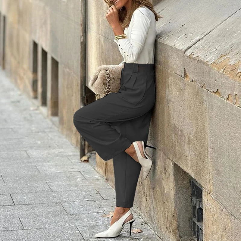 Color Temperament Nine Point Pants High Waist Straight Pants Female Pockets Commute Blazer Trousers