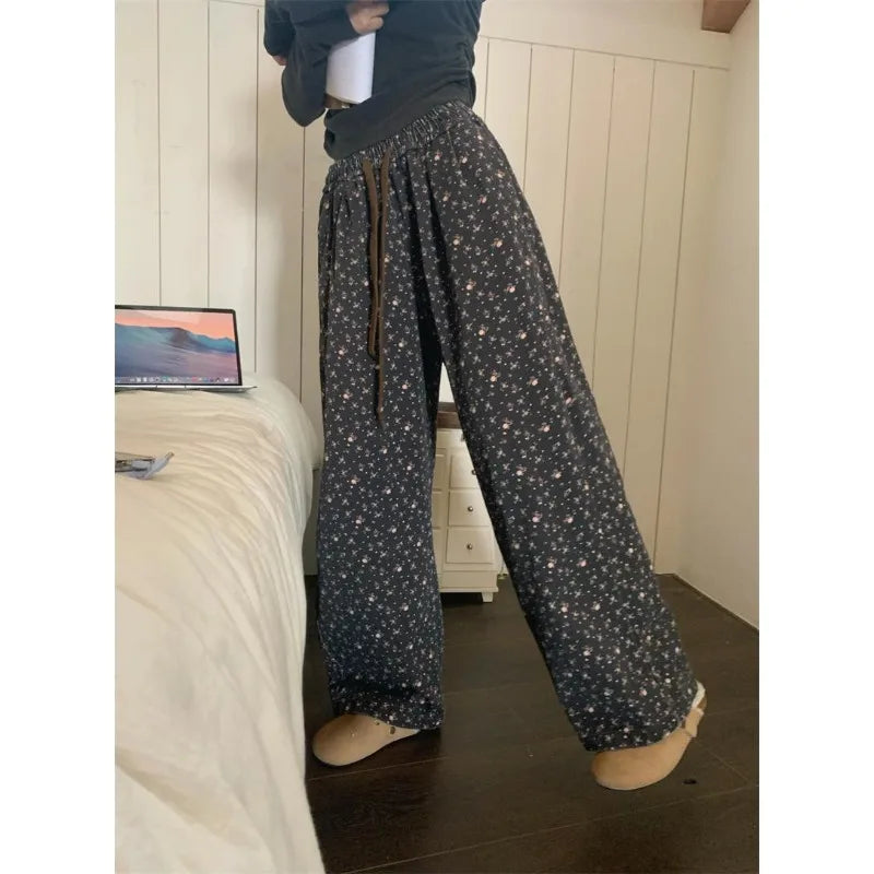 Sweatpants Woman Korean Baggy Thick Flower Print Wide Leg Pants Harajuku High Waist Autumn Warm Trousers