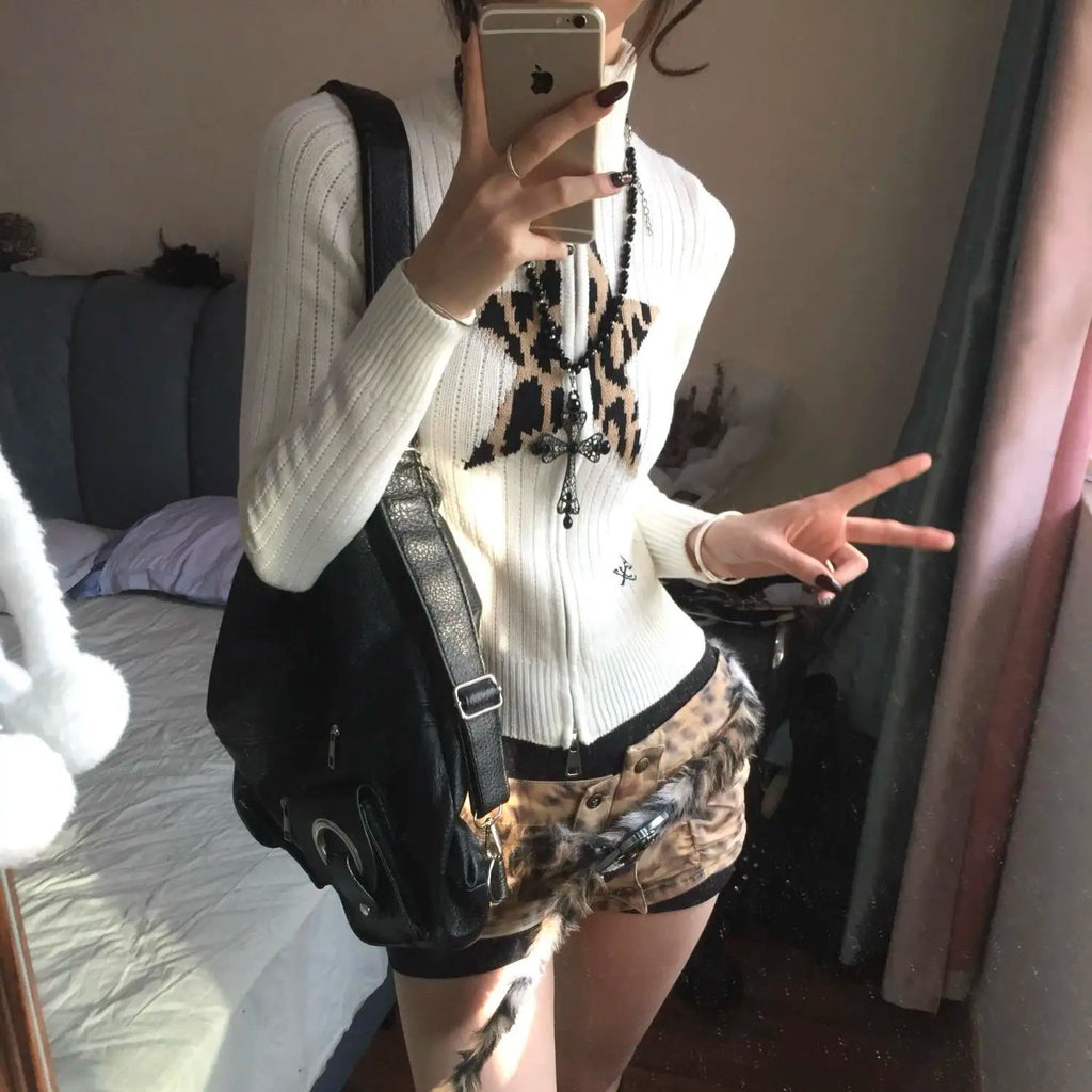 New Leopard Star Jacquard High Collar Zipper Sweater Coat Top American Retro Beige Slim Knitted Cardigan Top