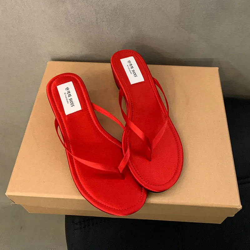 Summer New Slipper Narrow Band Slip on Flip on Shoes Low Wedge Heel Outdoor Dress Slides New Woman
