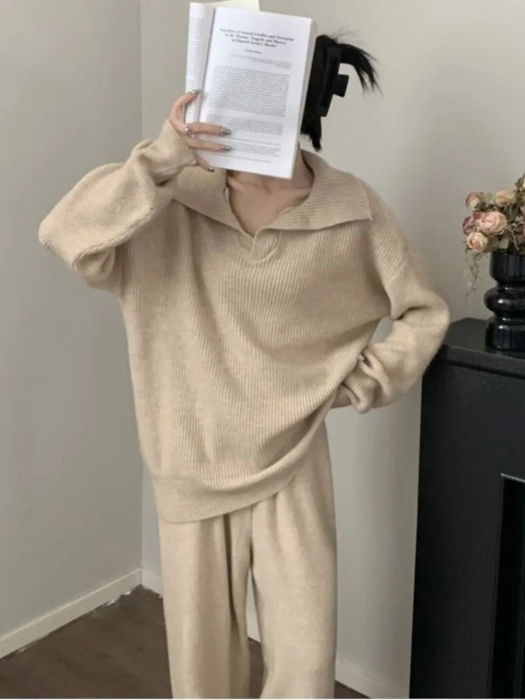 Autumn Winter ’s Knitted 2-piece Set Lapel Pullover Sweater Long Pants Korean Female Clothing Knitwear New