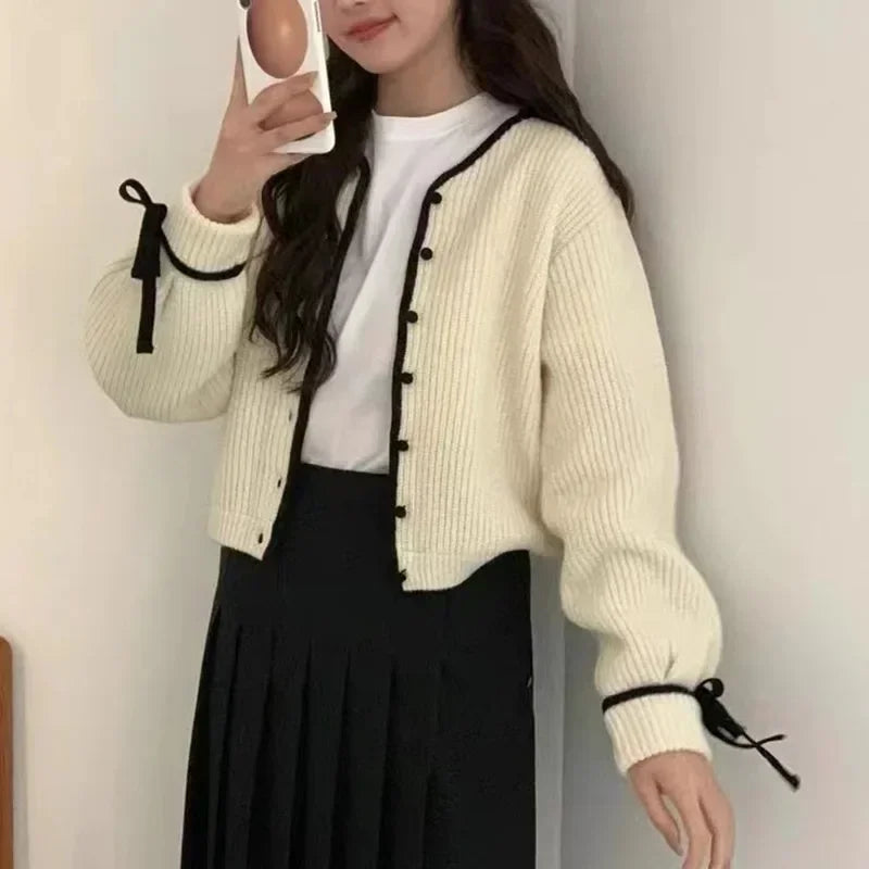 French Style Cardigan Autumn Winter Sweet Bow Knitted Sweater Coat Knitwear Simple Clothes