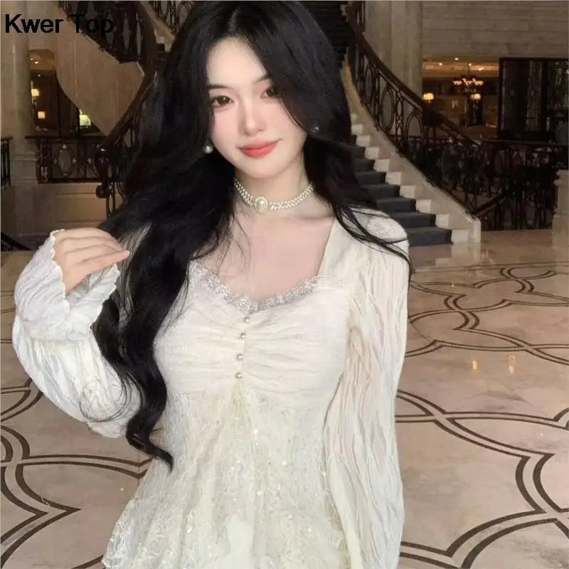 Autumn Winter New Midi Dresses for Lace Ruffles Flare Sleeve Aline Birthday Party Dress Korean Vestidos Mujer