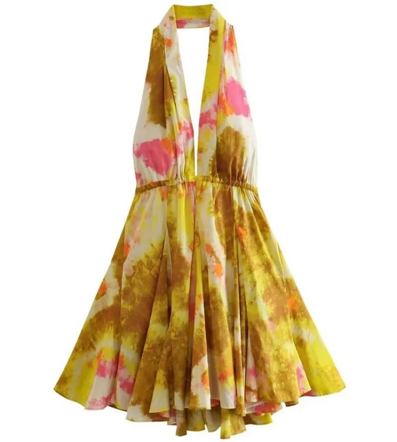 Summer Print Dress New Vacation Style Sleeveless Mini Dress Backless High Street Bodycon Dress
