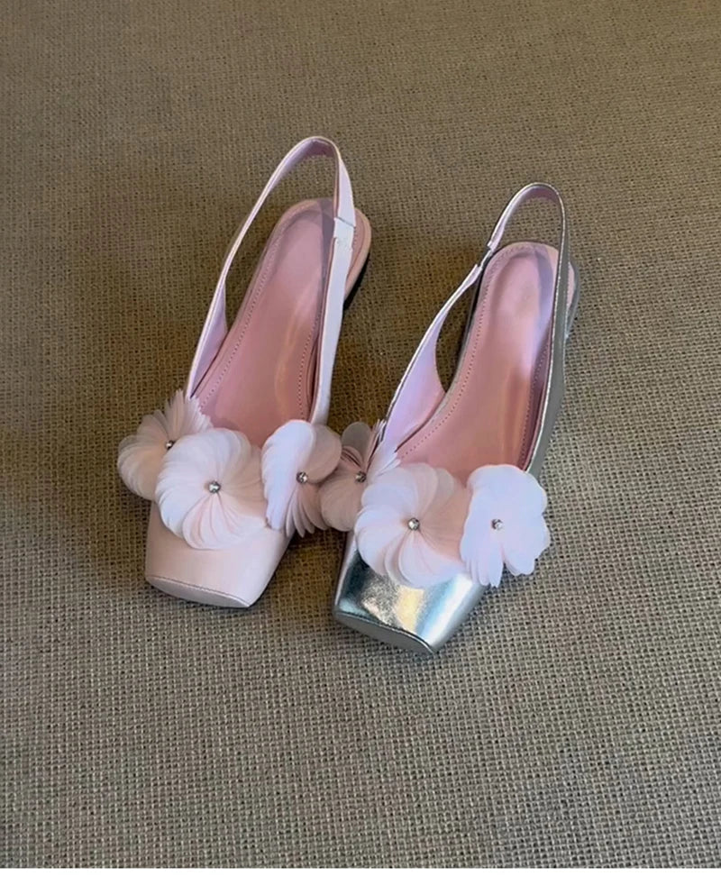 Summer Flower Mules Sandals Square Toe Slip on Singbacks Shoes Dress Flats Sandalias
