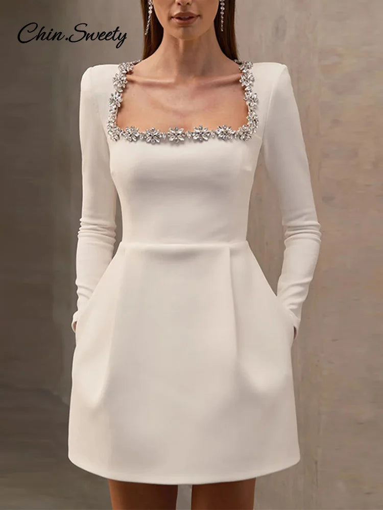 Rhinestone Decor Velvet Mini Dress Black Square Neck Long Sleeve High Waist A-line Dresses Lady Evening Party Gown