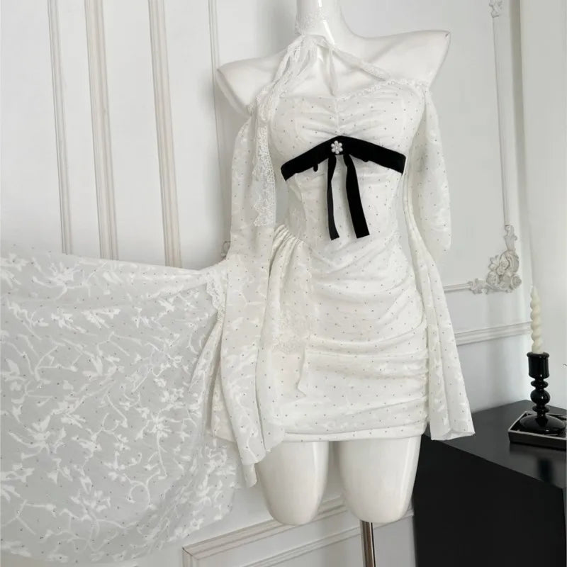 Y2k Lace Mini Dresses for Slash Neck Flare Sleeve A-line Ruffles Birthday Party Short Train Dress Korean Vestidos
