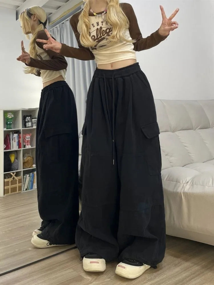 Baggy Cargo Pants Y2k Sweatpants Drawstring High Waist Pocket Patchwork Wide Leg Pants Oversize Trousers