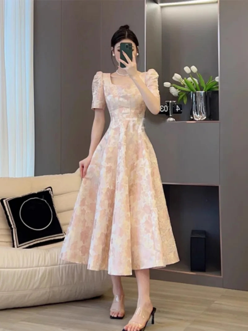 New Bubble Sleeve Pink Waist Cinching Summer Printing Gentle French Slimming Temperament Long Dresses