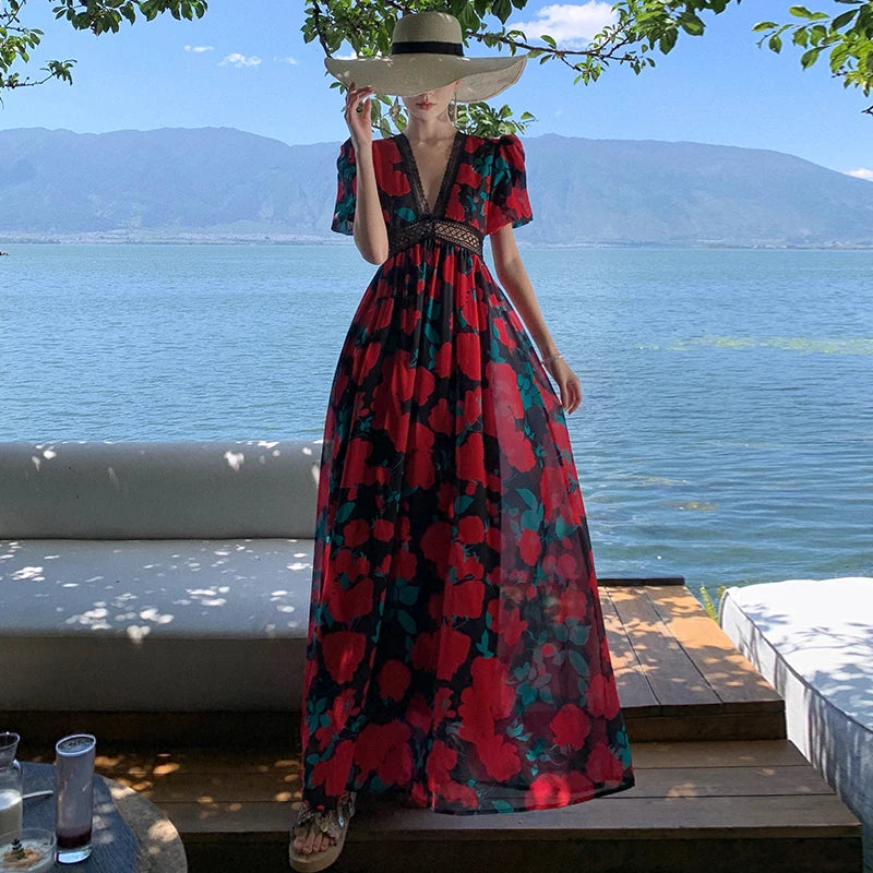 French Lace Retro Long Dresses for Print Puff Sleeve Vneck High Waist Dress Loose Oversize Beach Vestidos