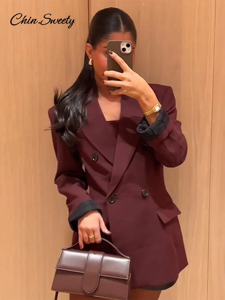 Burgundy Lapel Blazer Coat Double Breasted Full Sleeve Pocket Jacket Fall New Female Commute Outwear