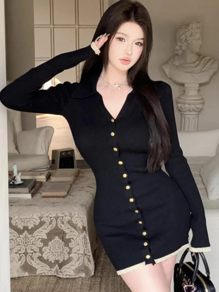Knitted Mini Dresses for V-neck Flare Sleeve Bodycon Slim Party Dress Korean New Short Vestidos Mujer