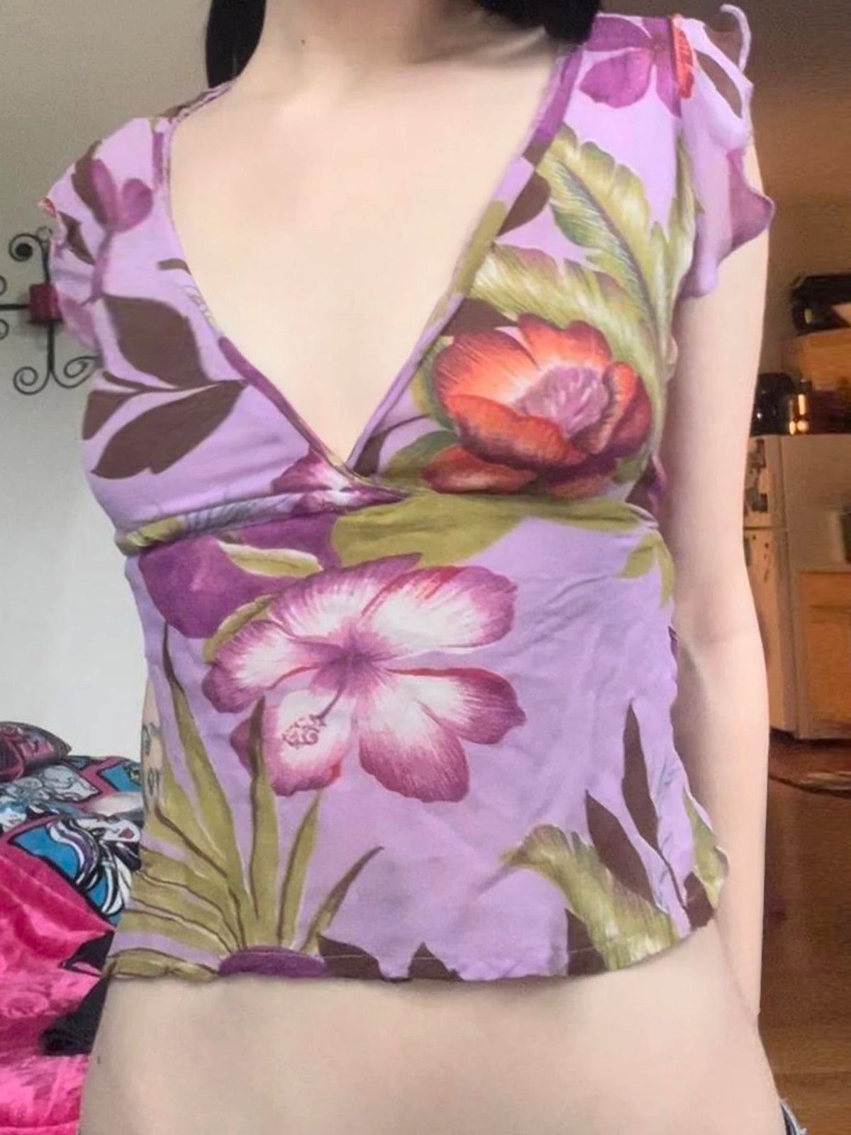 Butterfly Sleeve Slim Fit V-neck Blouse Crop Top