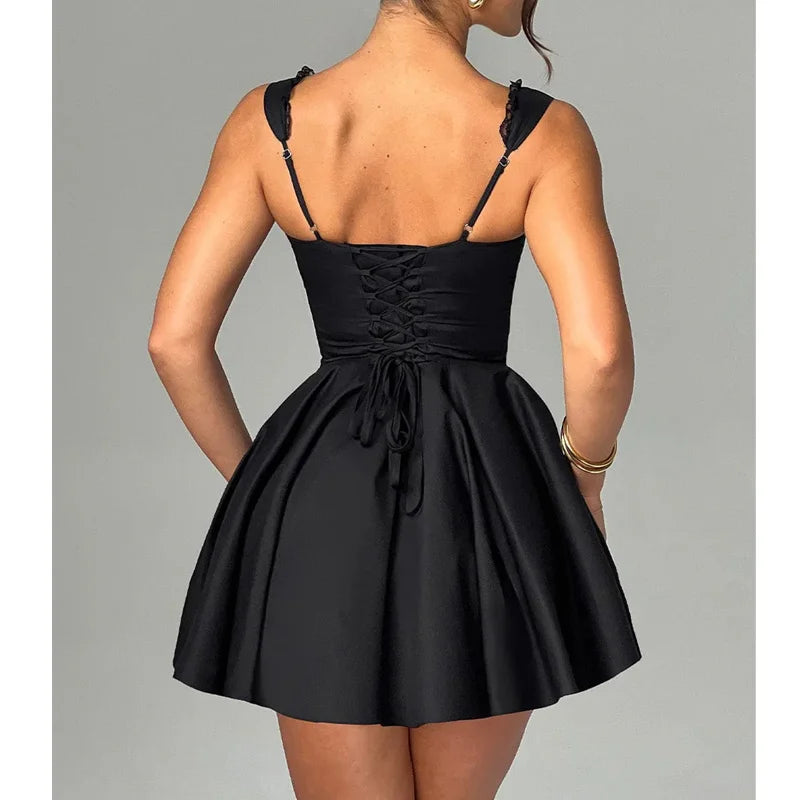 Corset Dress Color Square Collar Sleeveless Lace Trim Hem a Line Mini Dress Evening Party Dresses