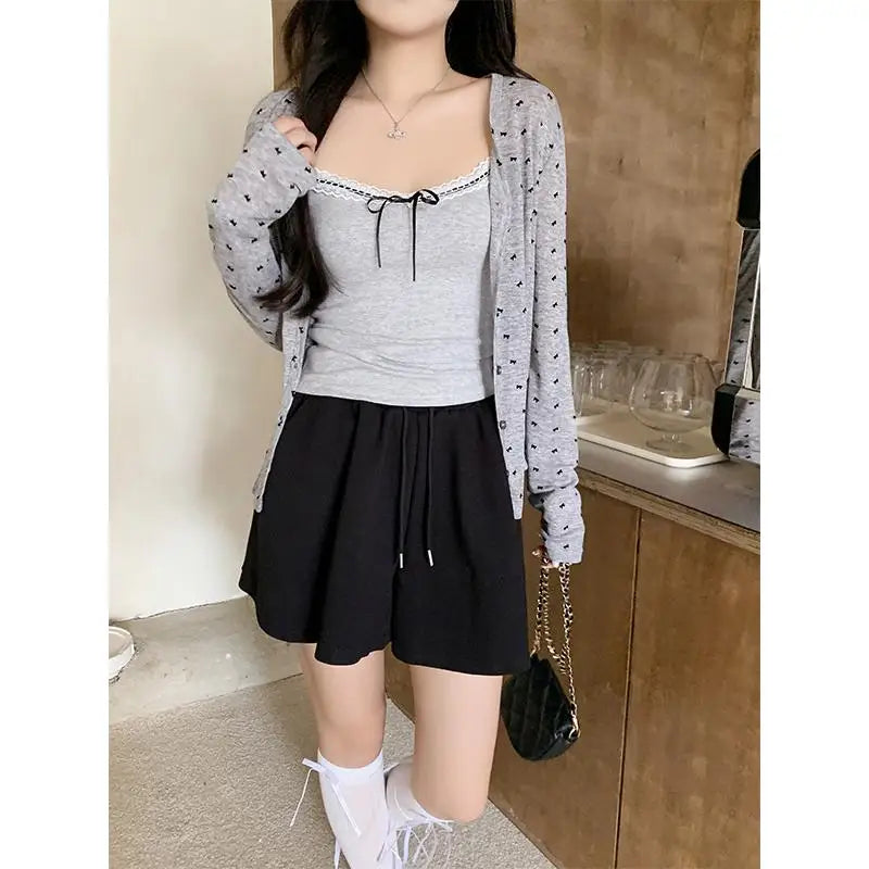 French White Bow Print Long Sleeved Knitted Sweater Spring Autumn New Gray Versatile Cardigan Tops Clothes Trend