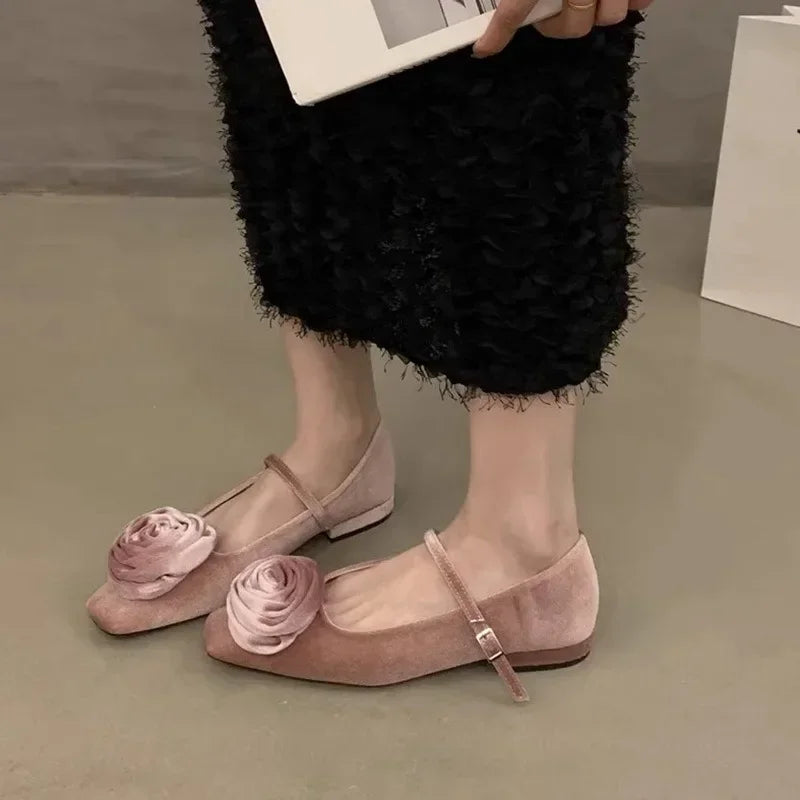 Flock Flowers Flat Shoes for Shallow Dress Shoes Comfort Soft Sole Square Toe Designer Mary Jane Ballet Shoes