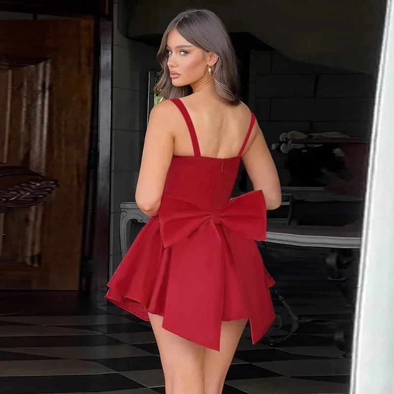 Bows Spaghetti Strap Dress for Plunge Bodycon Mini Dress Zipper A-line Backless Folds Party Dress High Waist
