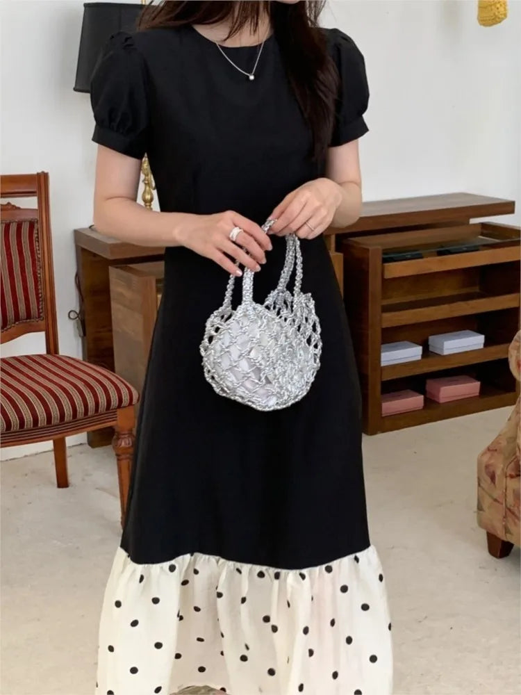 French Black Midi Dresses for Puff Sleeve A-line Patchwork Dot Korean One Piece Vestido Autumn New