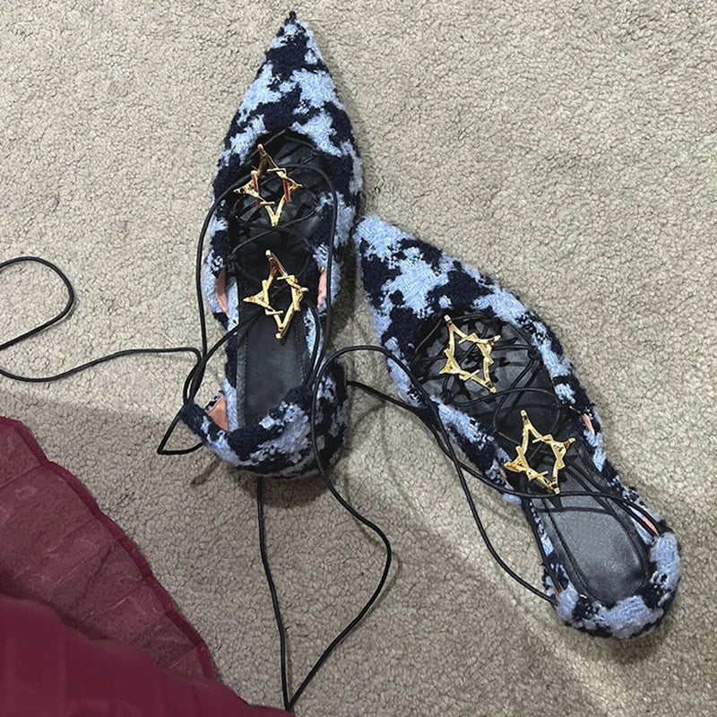 Cross Straps Sandals Pointed Toe Gold Star Detail Mixed Color Low Block Heels Ankle Lace Up Summer Rubber Shoes