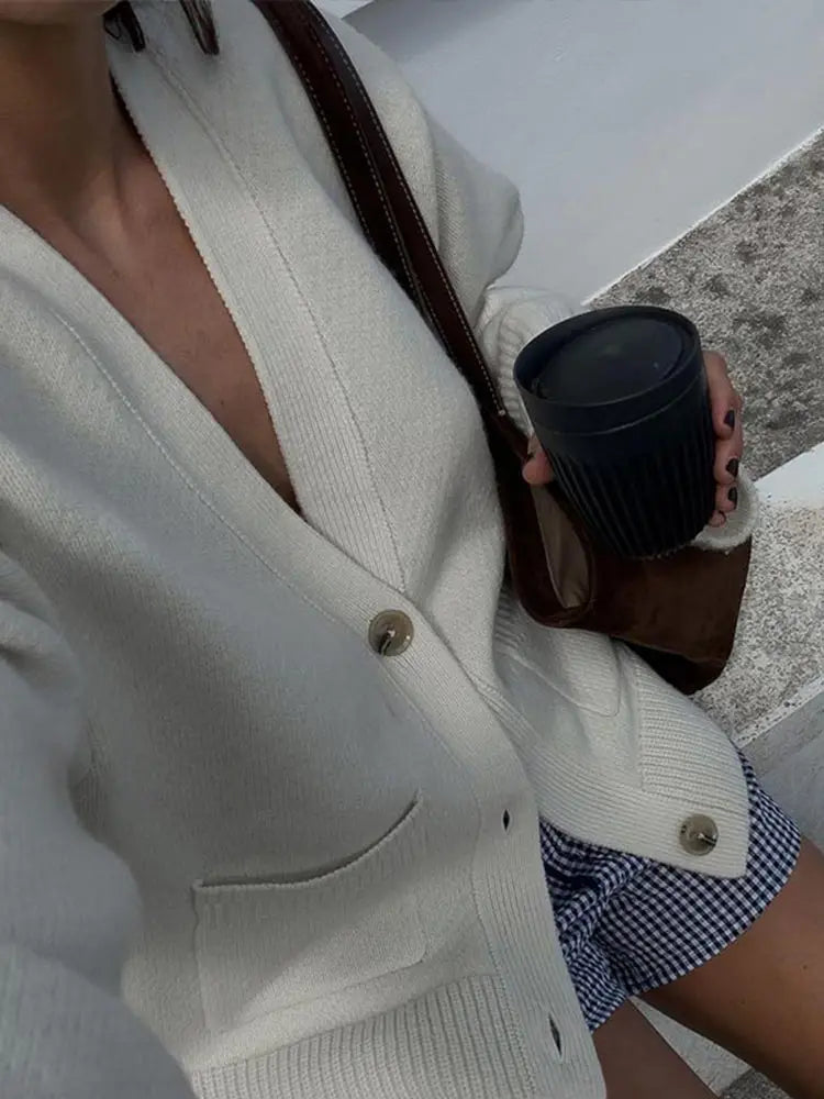 Knitted V-neck Cardigan Loose Single Breasted Pockets Sweater Female Versatile Street Knitwear