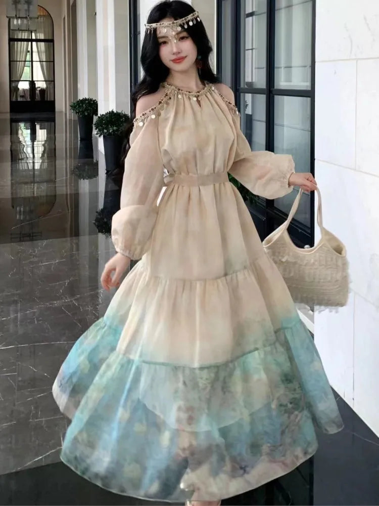 Autumn Printed Midi Dress for Off Shoulder Halter Long Sleeve Loose Aline Dresses Female Vestidos Mujer