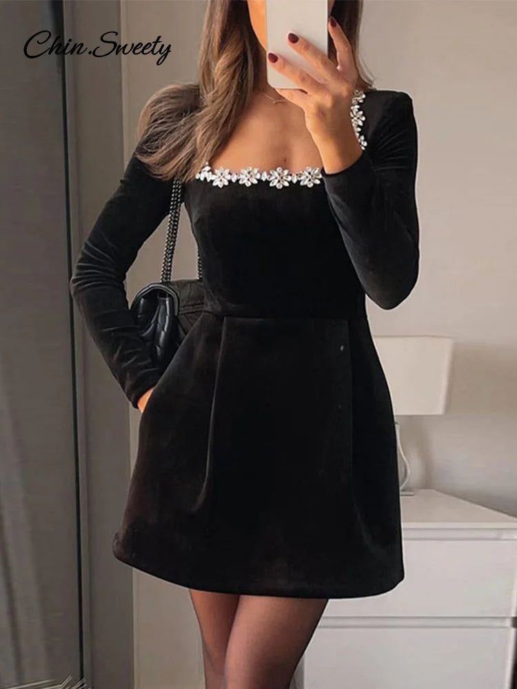 Rhinestone Decor Velvet Mini Dress Black Square Neck Long Sleeve High Waist A-line Dresses Lady Evening Party Gown