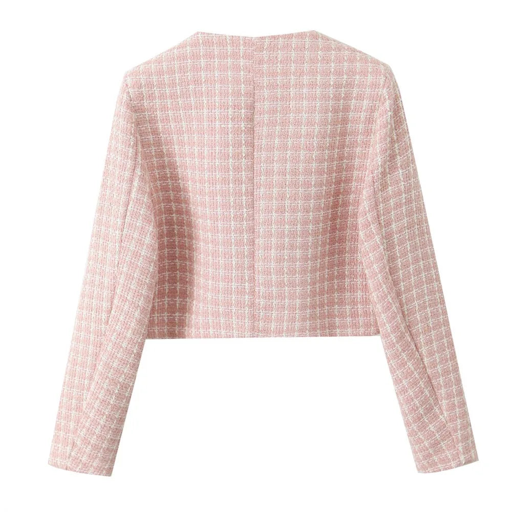 2 Pieces 1 Set French Style Retro Pink Plaid Woven Tweed Blazer + High Waist Mini Shorts Pants Suits
