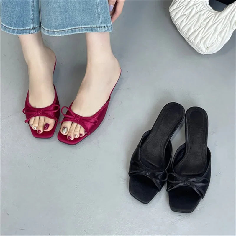 Summer Butterflykont Slippers Square Toe Party Dress Female Sandals Low Heels Shoes Large Size 43