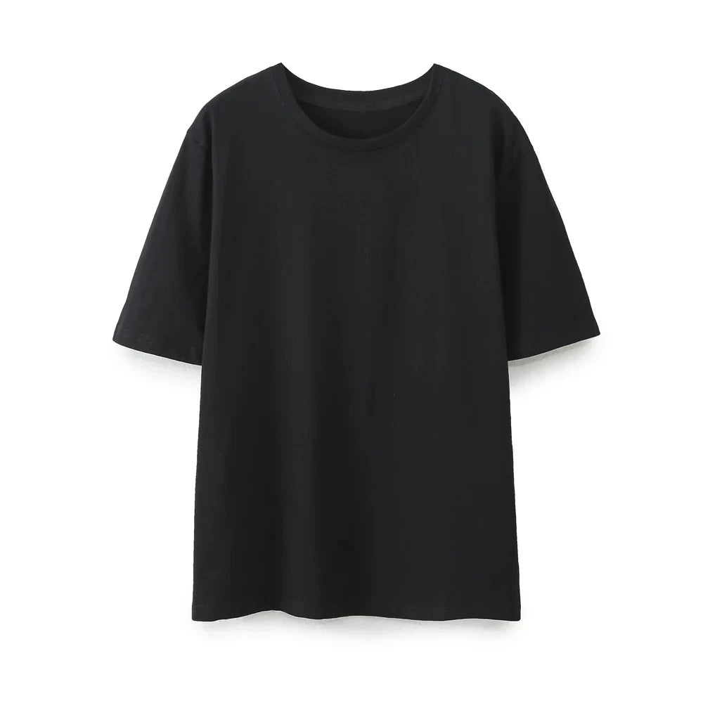 Summer Basic Round Neck Cotton Tshirt Set Short Sleeves Top Female Loose Laceup Straight Leg Pants