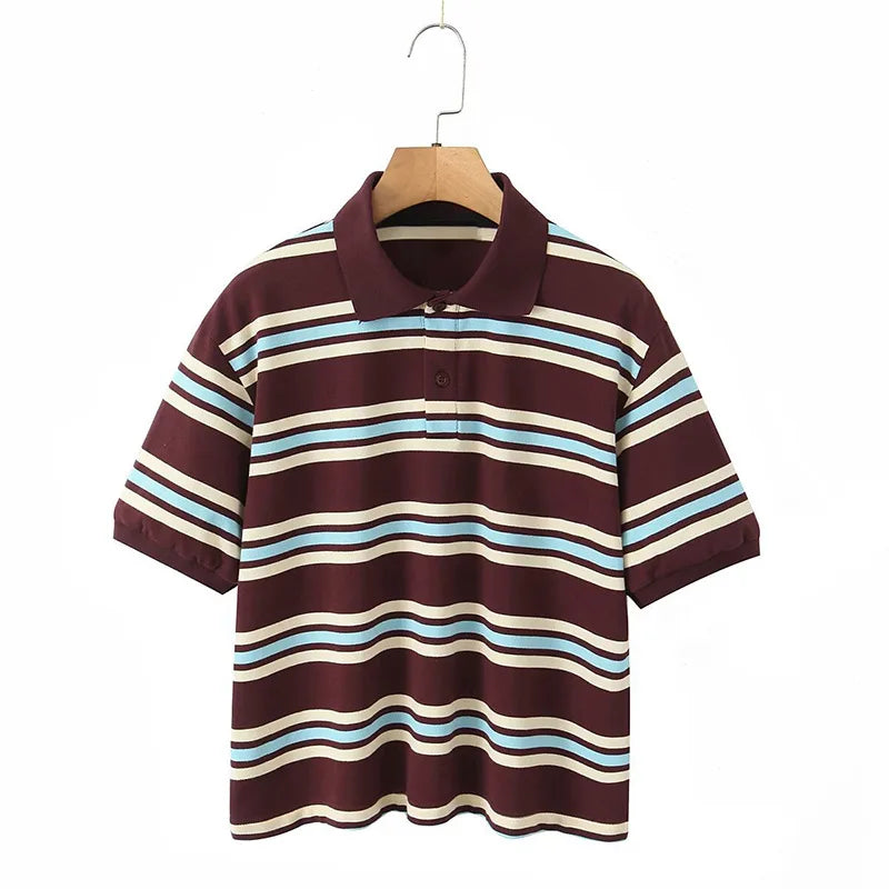 Stripe T-shirt Short Sleeve Female All Match Polo Shirts Summer New Loose Tops High Street