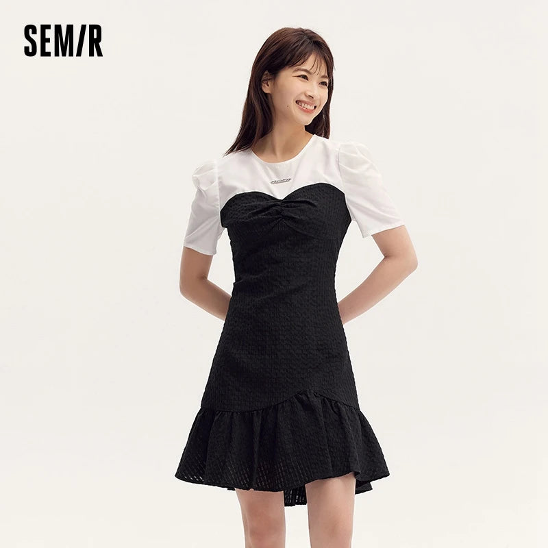 Color Block Little Black Dress and Commute Summer New Gentle Texture Playful Mermaid Hem Short Skirt