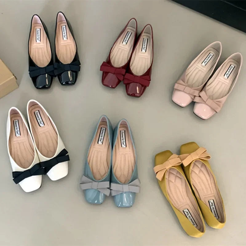 New Mary Jane Shoes Square Toe Flats Shallow Dress Shoe Butterfly Knot Patent Leather Soft Soled Ballet Shoes