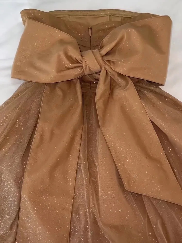 Shiny Sequins Evening Dress Off Shoulder Slim Ruffle Mini Dresses Lady Party Bow Bandage Backless Dress Woman