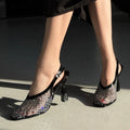 Rhinestone Squaretoe Sandals Summer Mesh Breathable Party Dress Shoes Thin High Heeled Mule Shoes