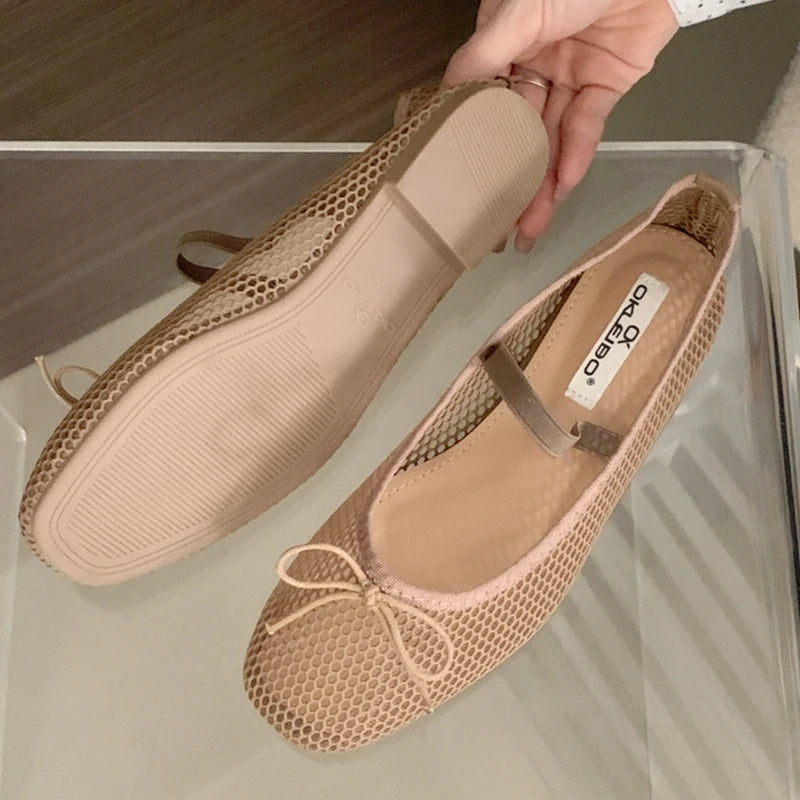 Simple Mesh Breathable Soft Bottom Mary Jane Shoes Design Bowknot Shallow Mouth Flat Shoes Party Ballet Dance Shoe